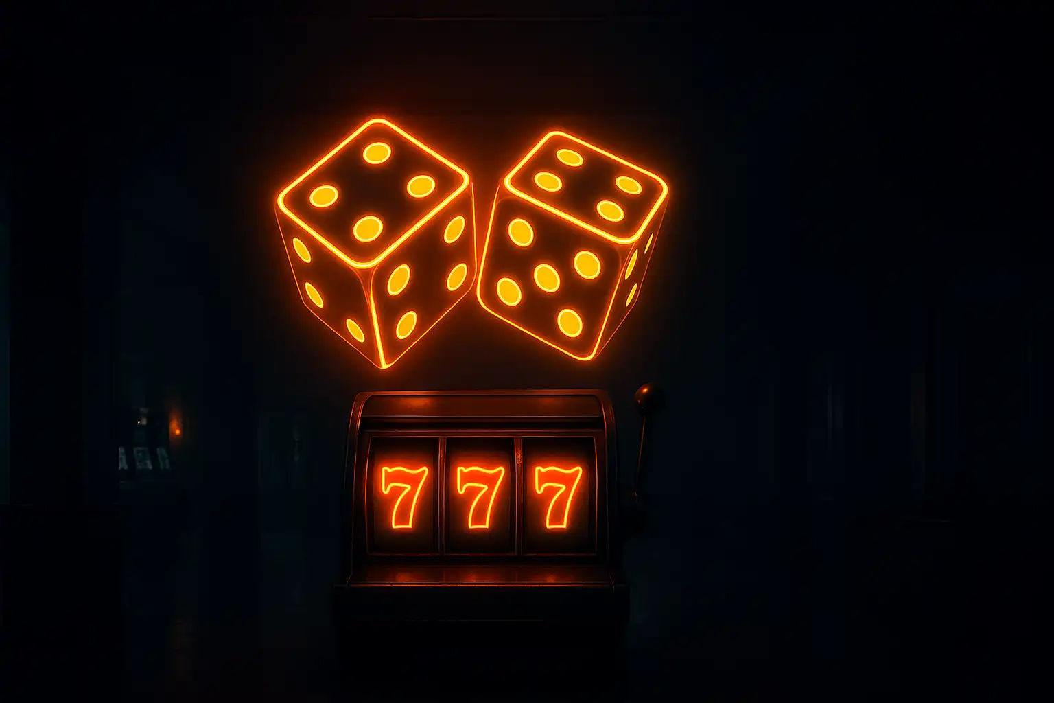 Dark slate casino lobby with amber neon dice and slot reels