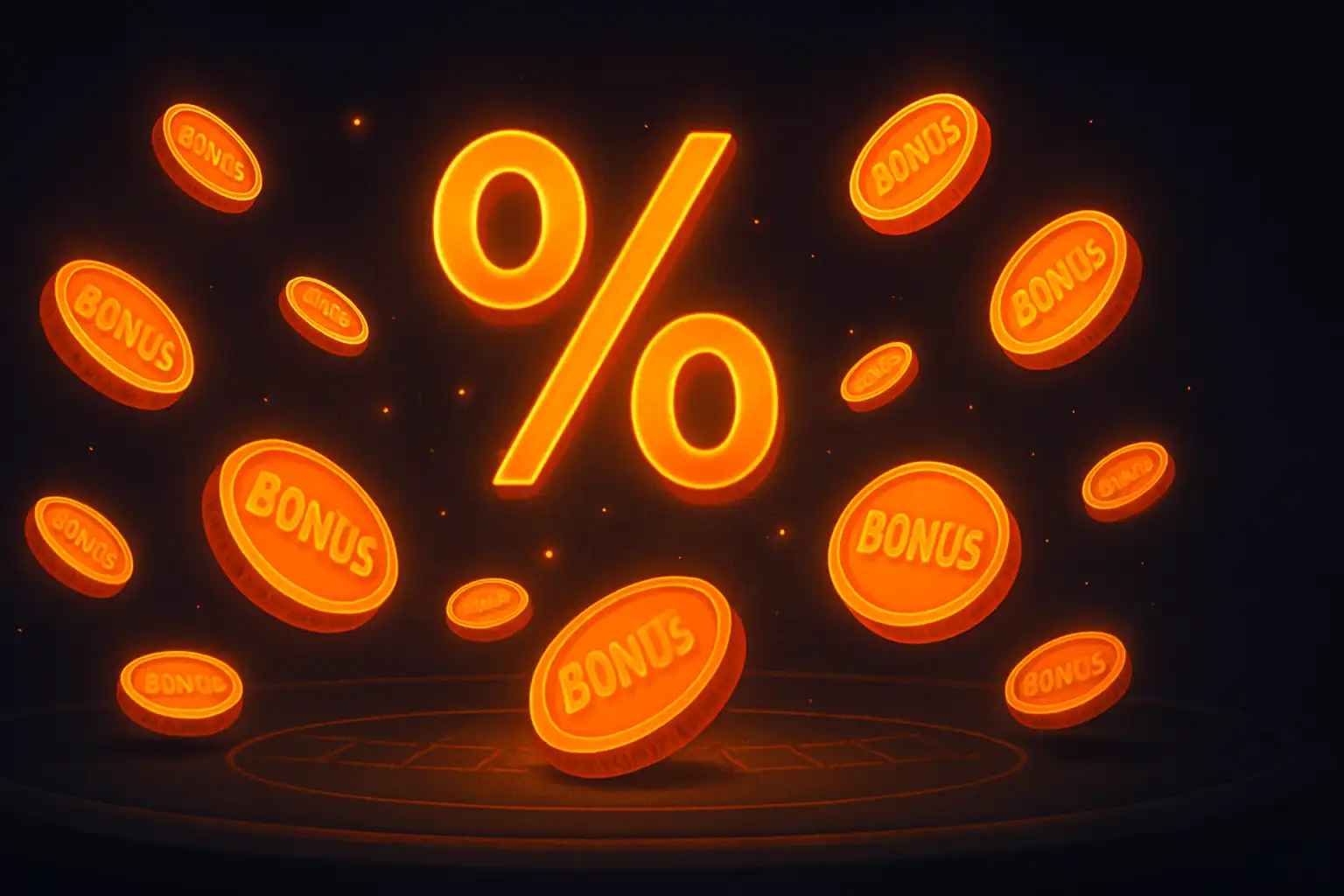 Amber bonus coins and a percentage symbol on a dark casino background